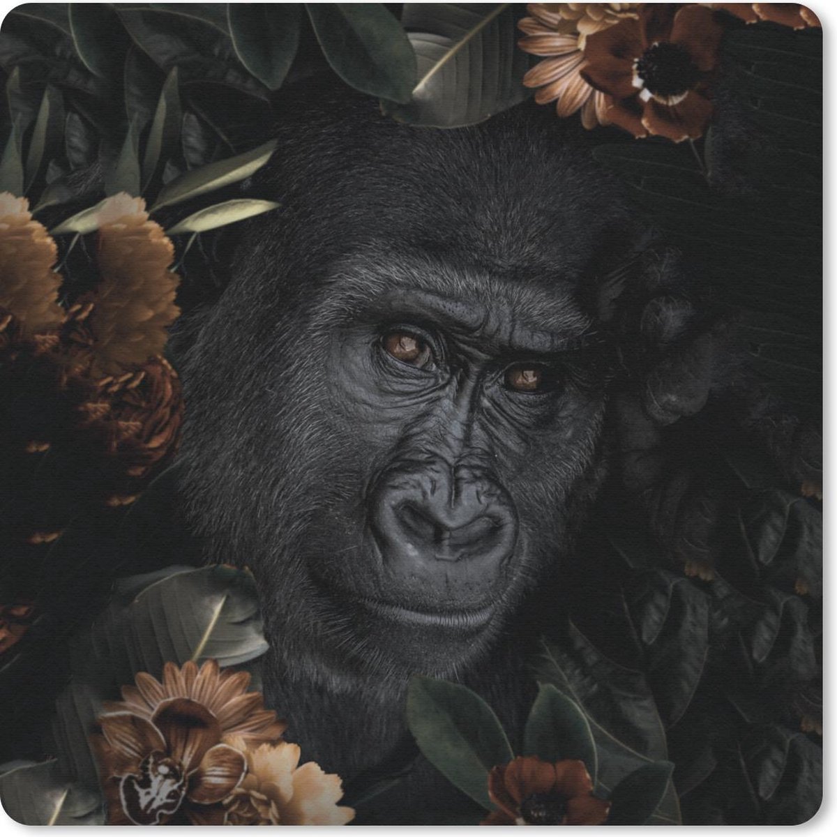 Muismat 20x20 cm - Mousepad Aap - Dieren - Bloemen - Zwart - Muismatten