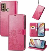 Voor Motorola Moto G60 Vier-blad Sluiting Reliëf Gesp Mobiele Telefoon Bescherming Lederen Case met Lanyard & Card Slot & Portemonnee & Beugel Functie (Magenta)