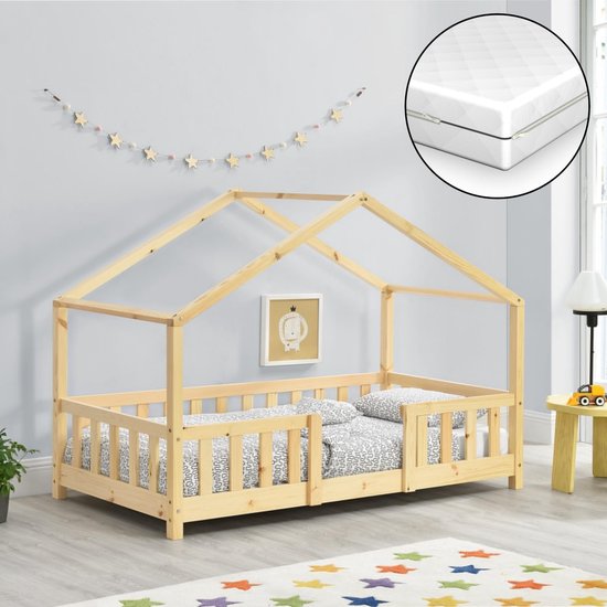 Lit enfant Treviolo avec protection antichute et matelas 80x160 bois