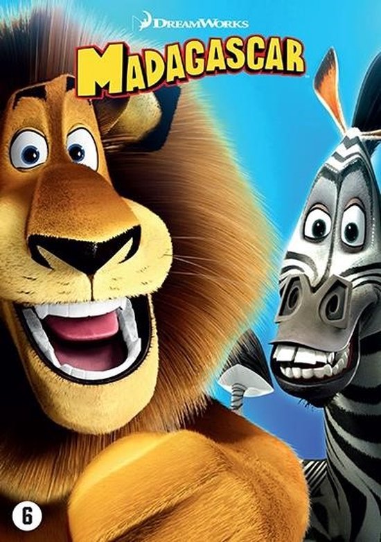 Alex de leeuw en Marty de zebra met grote glimlachen op de dvd-hoes van Madagascar.
