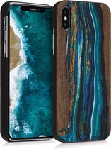 kwmobile hoesje voor Apple iPhone X - Backcover in blauw / bruin - Houten Penseel design