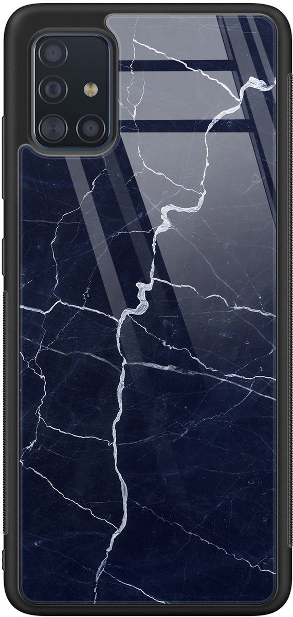 Hoesje geschikt voor Samsung Galaxy A51 - Marmer Navy - Luxe Glazen Hardcase - Marmer - Blauw