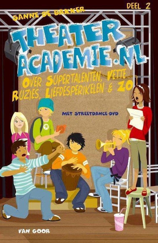 Groepsillustratie van 6 kinderen voor "Theateracademie.nl", met jongen met trommel, meisje met trompet, jongen breakdancend.