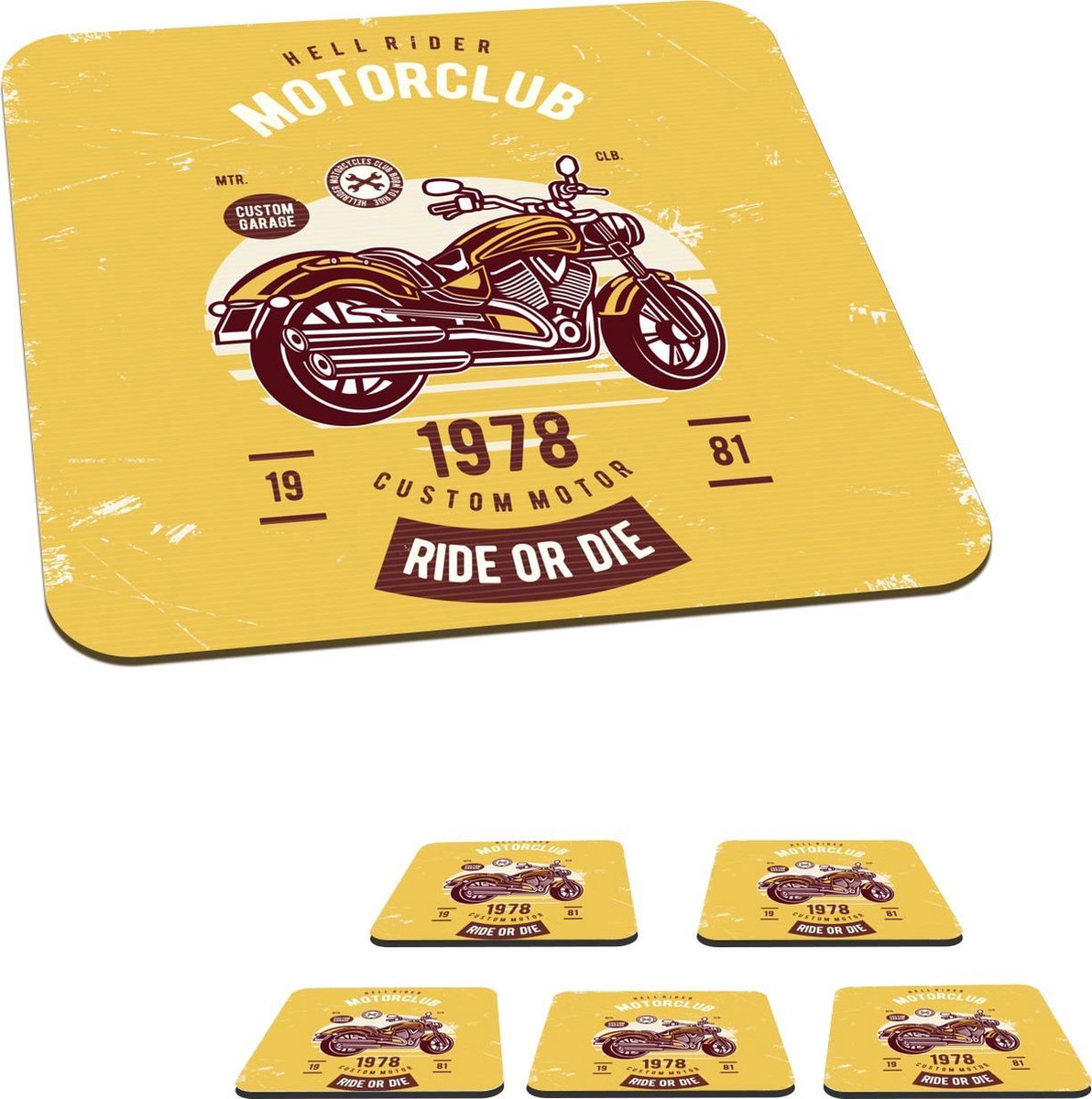 Onderzetters voor glazen - Motor - Geel - Retro - 10x10 cm - Glasonderzetters - 6 stuks