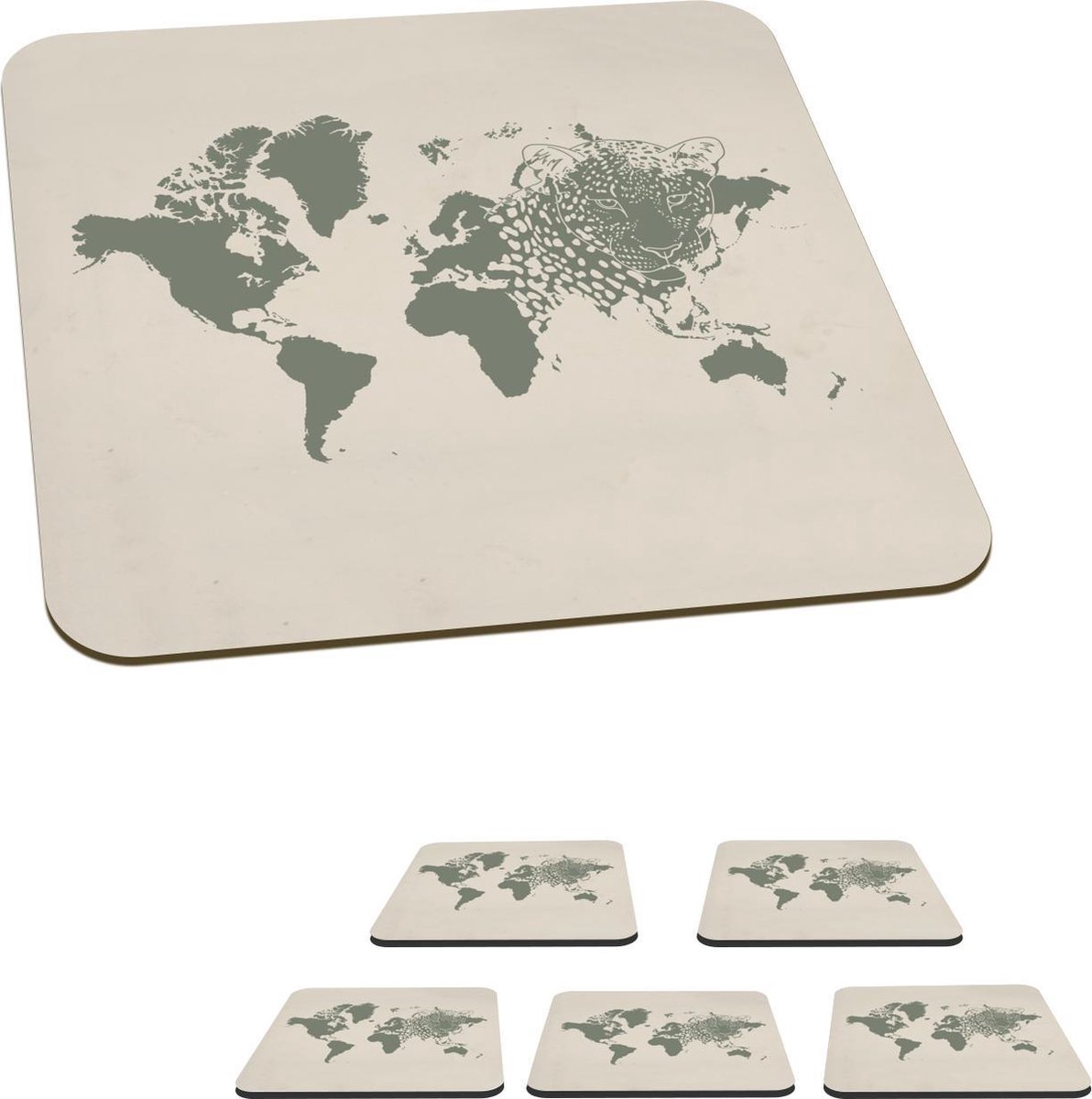 Onderzetters voor glazen - Wereldkaart - Grijs - Panter - 10x10 cm - Glasonderzetters - 6 stuks