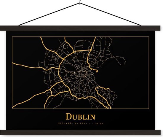 Posterhanger incl. Poster – Schoolplaat – Kaart – Dublin – Goud – Zwart – 60×40 cm – Zwarte latten