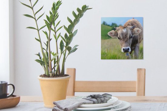 Peintures Vache - Animaux - Marron - Herbe - 20x20 cm - Décoration murale