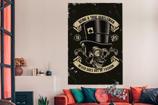 Toile Peinture Crâne - Chapeau - Rétro - Dessin - 120x180 cm - Décoration murale XXL