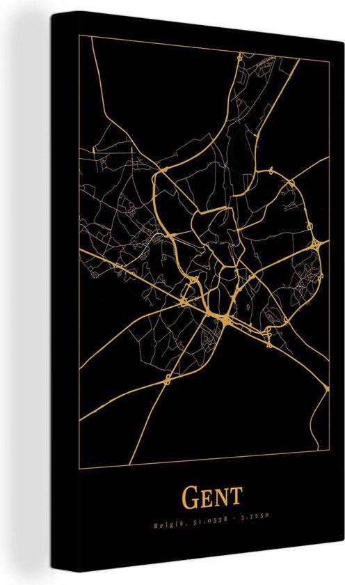 Toile noire avec carte dorée de Gand, Belgique, en perspective.