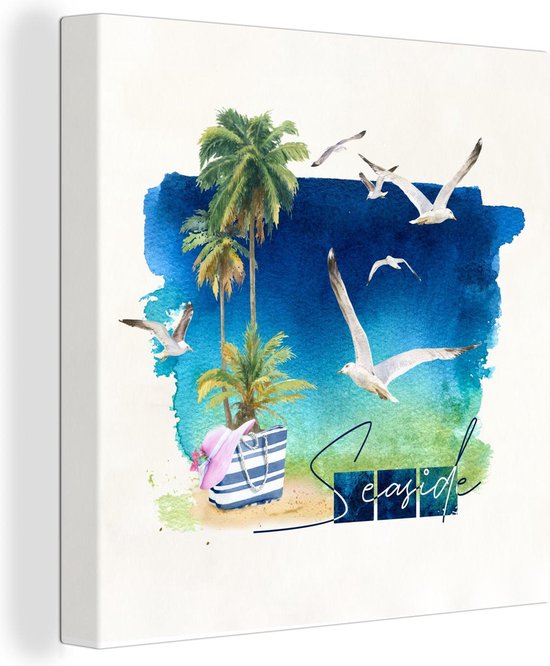 Canvas Schilderij Strand - Vogel - Palmboom - Letters - 20x20 cm - Wanddecoratie