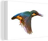 Canvas schilderij 140x90 cm - Wanddecoratie IJsvogel - Vliegen - Dieren - Muurdecoratie woonkamer - Slaapkamer decoratie - Kamer accessoires - Schilderijen