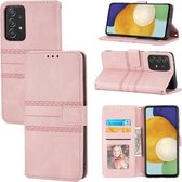 Voor Samsung Galaxy A52 5G/4G Reliëf Gestreepte Magnetische Gesp PU + TPU Horizontale Flip Lederen Case met Houder & Kaartsleuf & Portemonnee & Fotolijst & Sling (Roze)