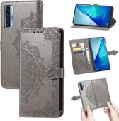 Voor TCL 20S Mandala Bloem Reliëf Horizontale Flip Lederen Case met Beugel / Kaartsleuf / Portemonnee / Lanyard (Grijs)