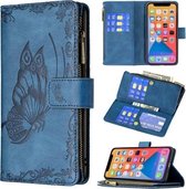 Vliegende vlinder reliëfpatroon rits horizontale flip lederen tas met houder & kaartsleuven & portemonnee voor iPhone 13 Pro (blauw)