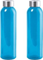 2x Stuks glazen waterfles/drinkfles blauw transparant met Rvs dop 550 ml - Sportfles - Bidon