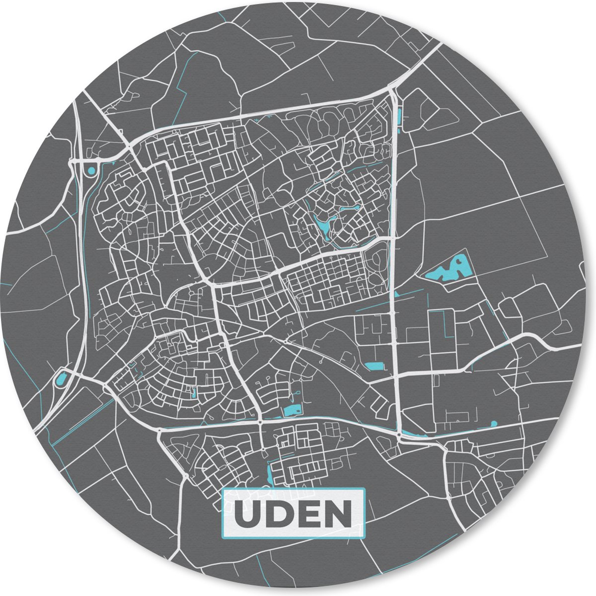Muismat rond 30x30 cm - Mousepad Plattegrond - Uden - Grijs - Blauw - Ronde muismatten - Stadskaart