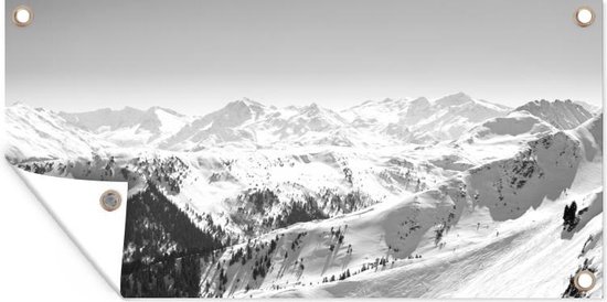 Wanddecoratie buiten Besneeuwde bergtoppen in de Alpen - zwart wit - 160x80 cm - Tuindoek - Buitenposter