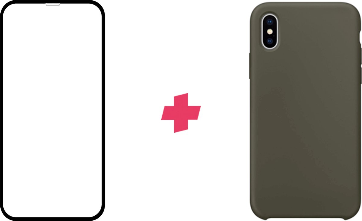 Bundel: Geschikt voor: iPhone XS screenprotector + Dark Olive Siliconen hoesje