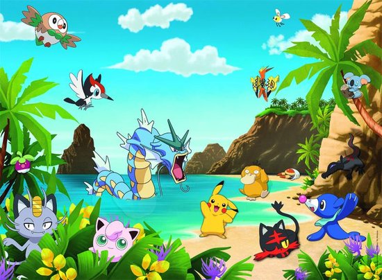 Tropische scène met Pikachu, Gyarados en vele andere Pokémon aan de kust, met palmbomen en rotsen.