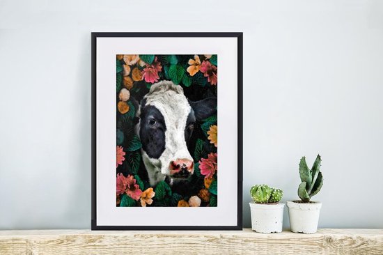 Affiche avec cadre Vache - Fleurs - Feuilles - Animaux - 30x40 cm