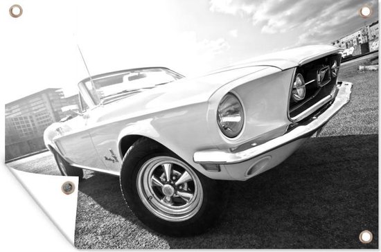 Tuinposter Vintage Ford Mustang op straat in Berlijn - zwart wit - 70x40 cm - Wanddecoratie Buiten - Tuinposter - Tuindoek - Schuttingposter - Tuinschilderij