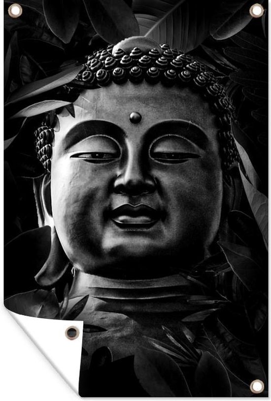 Tuindecoratie Hoofd van een Boeddha met bladeren - zwart wit - 40x60 cm - Tuinposter - Tuindoek - Buitenposter