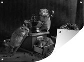 Tuinposter - Tuindoek - Tuinposters buiten - Stilleven van hamsters die koffie maken - zwart wit - 120x90 cm - Tuin