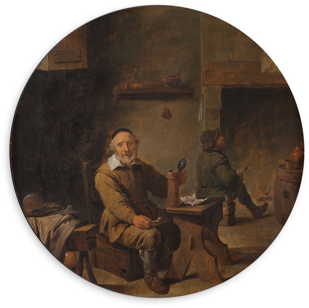 KuijsFotoprint Dibond Wandcirkel - Oude meesters - De oude bierdrinker, David Teniers (II) - 60x60cm Foto op Aluminium Wandcirkel (met ophangsysteem) Bruin