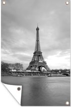 Tuinposters buiten Eiffeltoren in Parijs - zwart wit - 60x90 cm - Tuindoek - Buitenposter