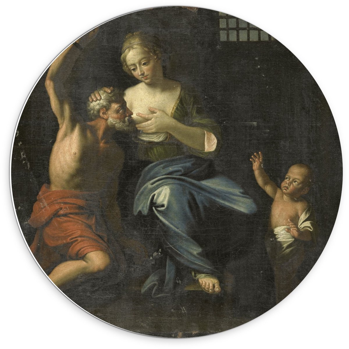 KuijsFotoprint Forex Wandcirkel - Oude Meesters - Cimon en Pero, Adriaen van der Werff, 1670 - 1750 - 70x70cm Foto op Wandcirkel (met ophangsysteem) Rood