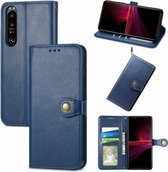 Voor Sony Xperia 1 III Effen Kleur Lederen Gesp Telefoon Case met Lanyard & Fotolijst & Kaartsleuf & Portemonnee & Stand Functie (Blauw)