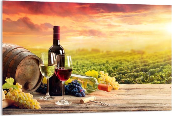 Acrylglas - Wijnvat met Wijn en Druiven - 120x80cm Foto op Acrylglas (Met Ophangsysteem)