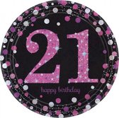 feestborden "21" glitter roze 23 cm 8 stuks