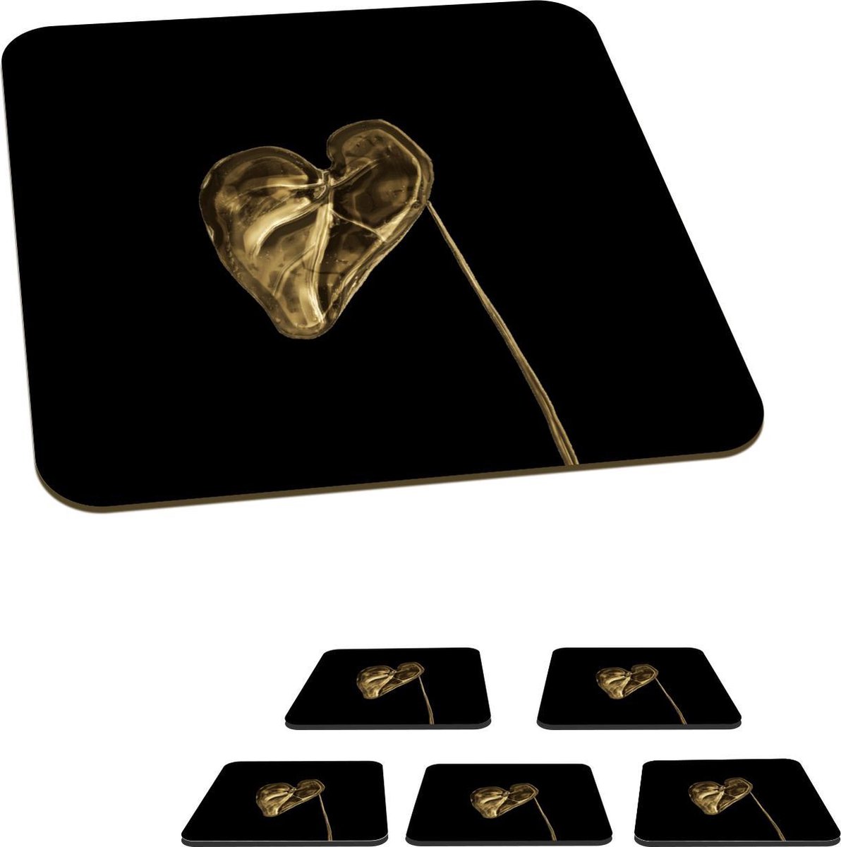 Onderzetters voor glazen - Hart - Blad - Goud - 10x10 cm - Glasonderzetters - 6 stuks
