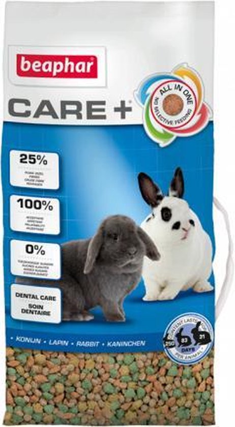 Verpakking Beaphar CARE+ konijnenvoer met een grijze en een witte konijn. 25% vezels, 100% acceptatie, 0% toegevoegde suikers.