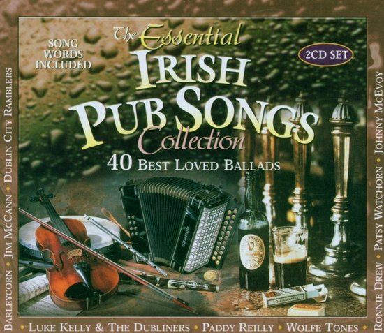 CD hoes met "The Essential Irish Pub Songs Collection" titel, met accordeon, viool, drum, bierglas en sigaretten.