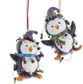 Kurt S. Adler Kerstornament - Pinguin met kerstlampjes - set van 2 - zwart wit blauw - 9cm