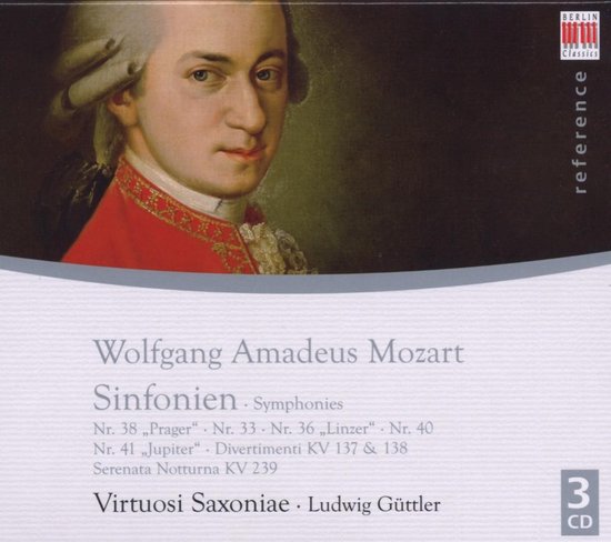 Portret van Wolfgang Amadeus Mozart, met rode jas met gouden versieringen.
