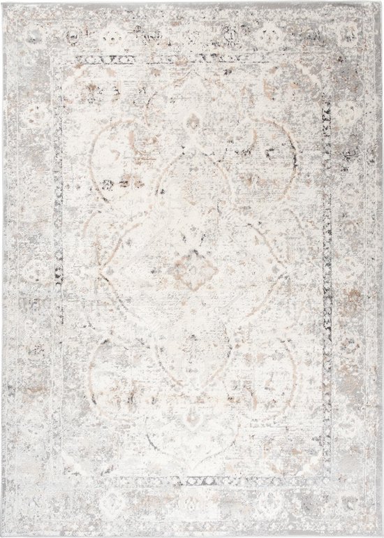 Un tapis beige avec un motif oriental délavé détaillé en tons gris et bruns.
