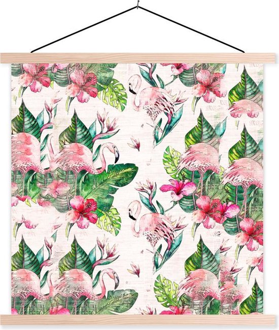 Posterhanger incl. Poster 60x60 cm - Schoolplaat - Flamingo - Bloemen - Bladeren - Krant - Textielposter - Blanke latten