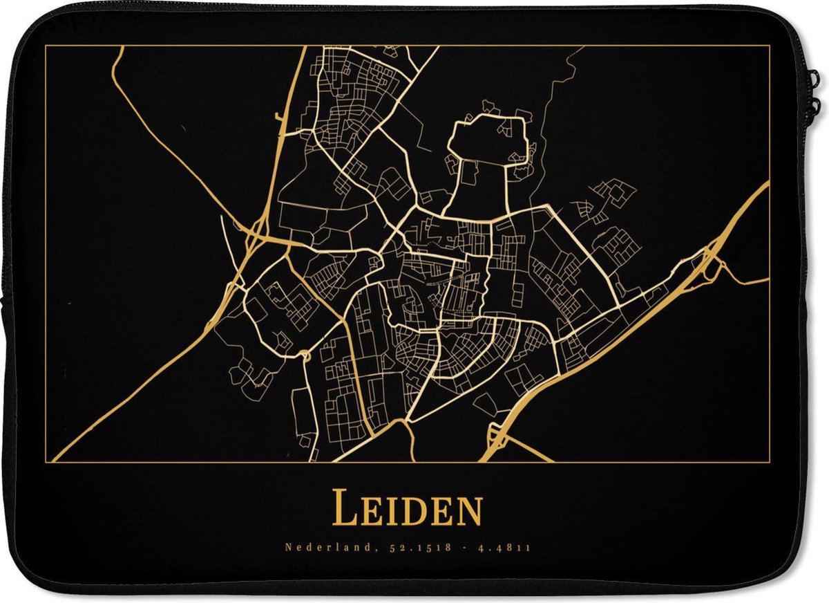 Laptophoes 13 inch - Kaart - Leiden - Luxe - Goud - Zwart - Laptop sleeve - Binnenmaat 32x22,5 cm - Zwarte achterkant