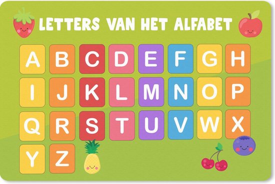 Tapis de souris vert avec l'alphabet néerlandais dans des cases colorées et des illustrations de fruits.