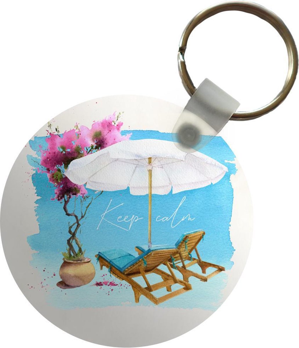 Sleutelhanger - Strandstoel - Parasol - Bloemen - Tekening - Plastic - Rond - Uitdeelcadeautjes