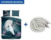 Luxe Zachte Dekbedovertrek Tweepersoons - 200x200/220cm - Inclusief 2 Kussenslopen - 100% Versterkt Katoen - Genesis Petrol + Wasbaar Microfiber Dekbed - 200x220cm - Wit