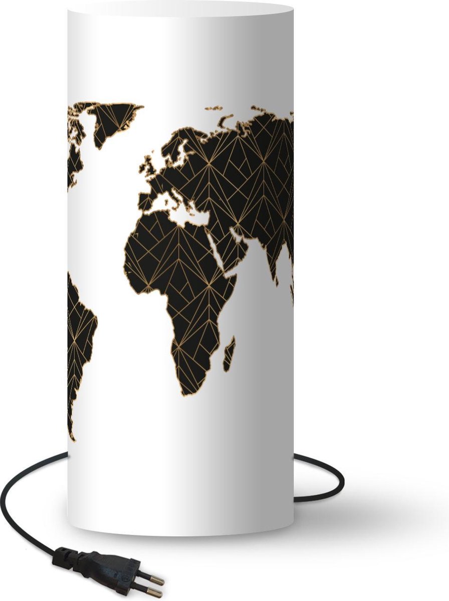 Lamp - Nachtlampje - Tafellamp slaapkamer - Wereldkaart - Lijnen - Goud - 33 cm hoog - Ø14.3 cm - Inclusief LED lamp
