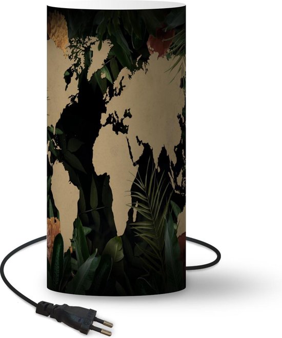 Lamp - Nachtlampje - Tafellamp slaapkamer - Wereldkaart - Planten - Bloemen - 33 cm hoog - Ø15.9 cm - Inclusief LED lamp