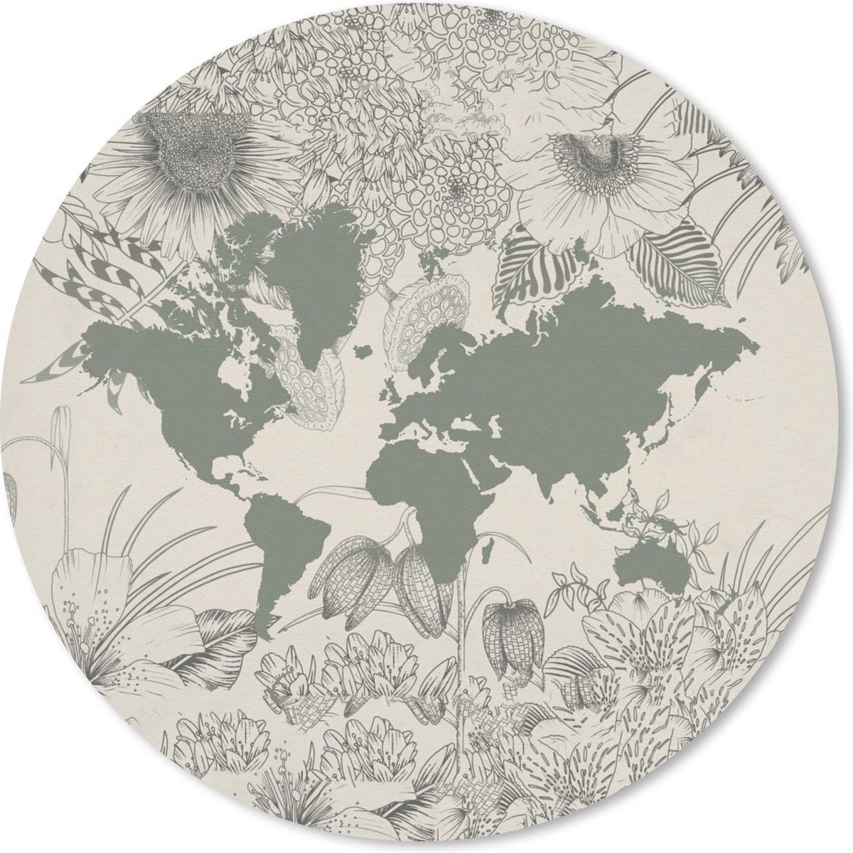 Muismat rond 40x40 cm - Mousepad Wereldkaart - Grijs - Planten - Ronde muismatten
