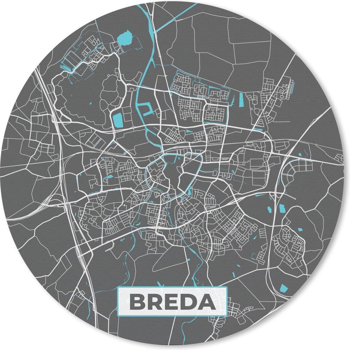Muismat rond 50x50 cm - Mousepad Stadskaart - Breda - Grijs - Blauw - Ronde muismatten