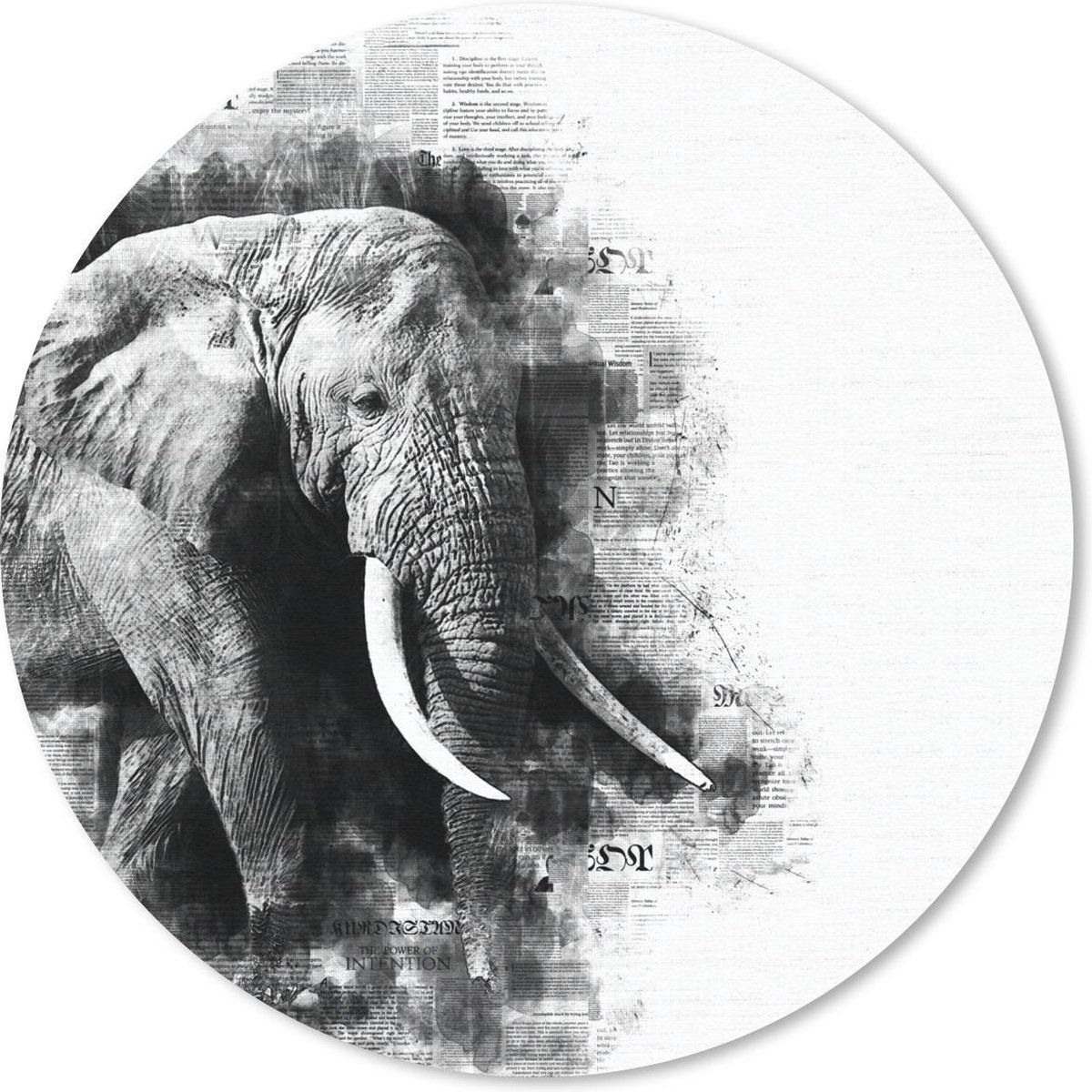 Muismat rond 40x40 cm - Mousepad Olifant - Krant - Verf - Zwart -Wit - Ronde muismatten