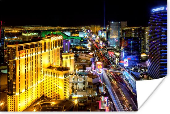 Skyline Las Vegas in de nacht Poster - Foto print op Poster (wanddecoratie woonkamer / slaapkamer)